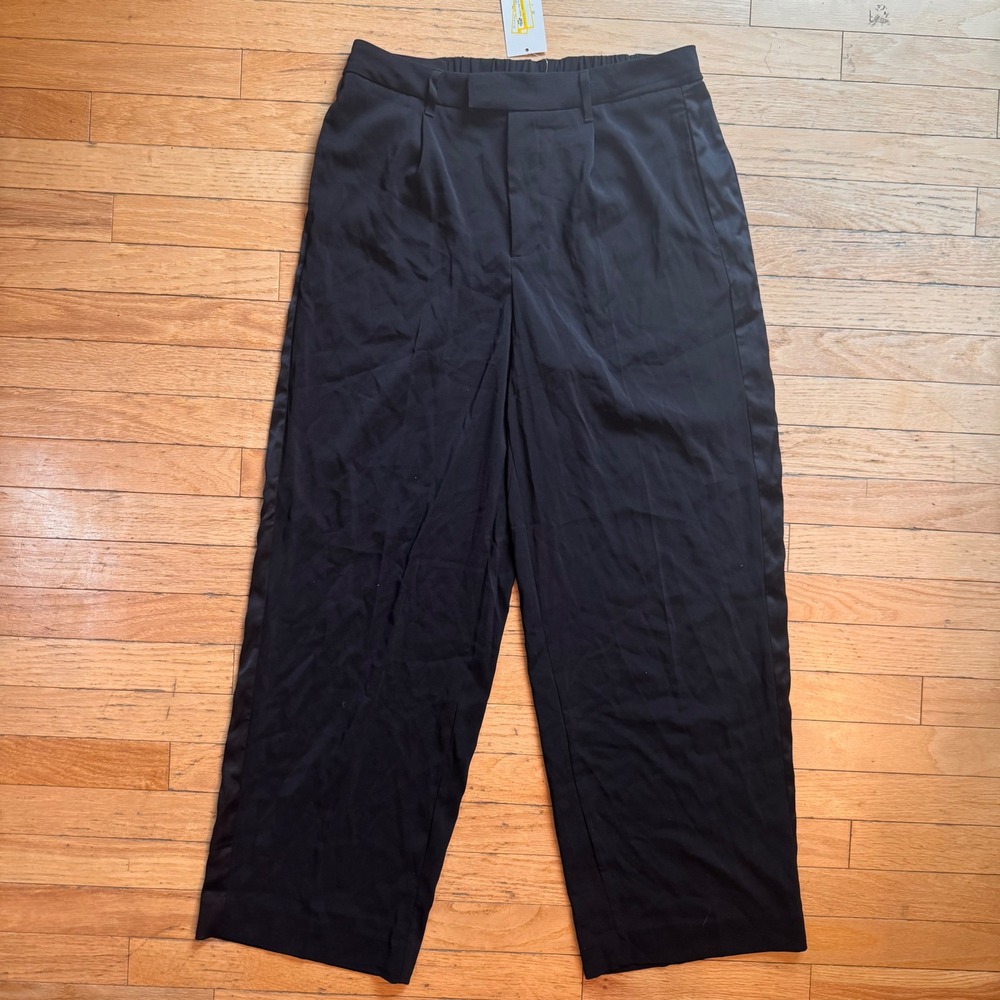 A New Day Womens Black Wide Leg Tuxedo Trousers Satin Stripe High Rise Size 10
